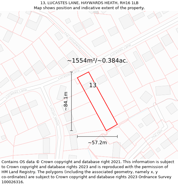 13, LUCASTES LANE, HAYWARDS HEATH, RH16 1LB: Plot and title map