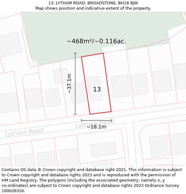 13, LYTHAM ROAD, BROADSTONE, BH18 8JW: Plot and title map