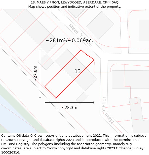 13, MAES Y FFION, LLWYDCOED, ABERDARE, CF44 0AQ: Plot and title map