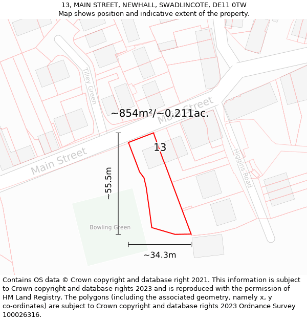 13, MAIN STREET, NEWHALL, SWADLINCOTE, DE11 0TW: Plot and title map