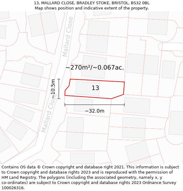 13, MALLARD CLOSE, BRADLEY STOKE, BRISTOL, BS32 0BL: Plot and title map