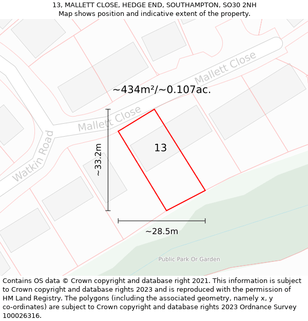 13, MALLETT CLOSE, HEDGE END, SOUTHAMPTON, SO30 2NH: Plot and title map