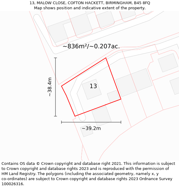 13, MALOW CLOSE, COFTON HACKETT, BIRMINGHAM, B45 8FQ: Plot and title map