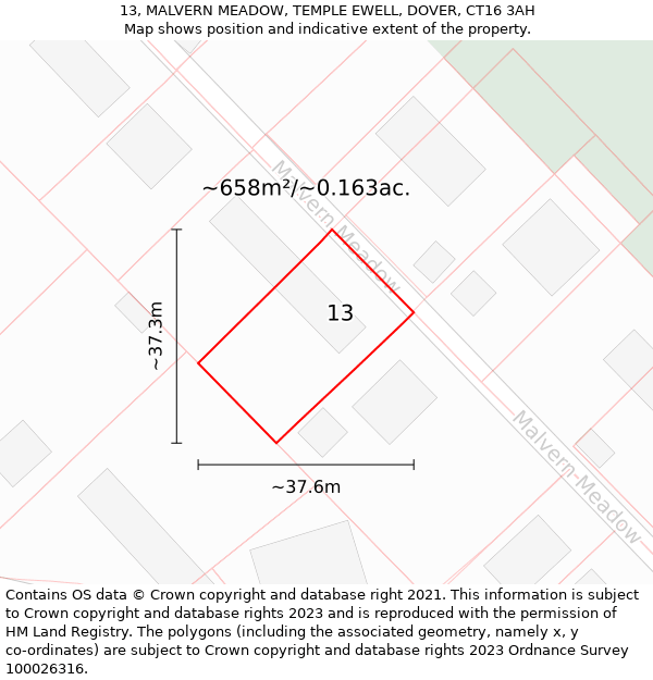 13, MALVERN MEADOW, TEMPLE EWELL, DOVER, CT16 3AH: Plot and title map