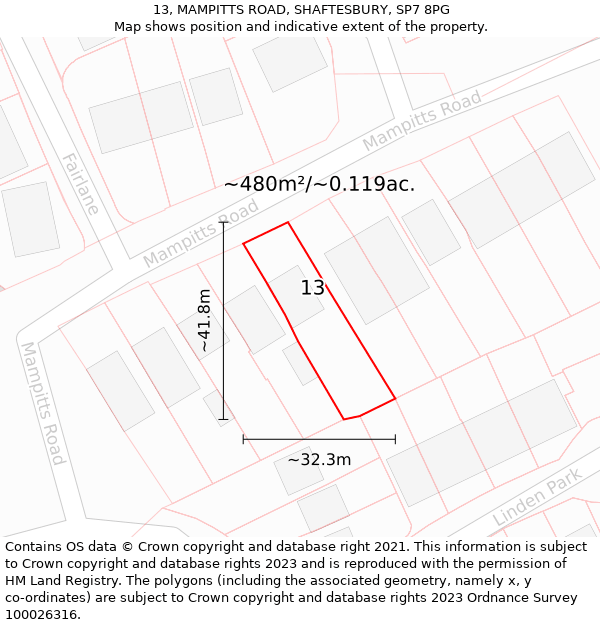 13, MAMPITTS ROAD, SHAFTESBURY, SP7 8PG: Plot and title map