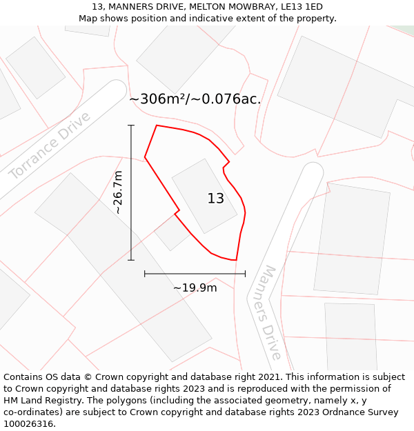 13, MANNERS DRIVE, MELTON MOWBRAY, LE13 1ED: Plot and title map