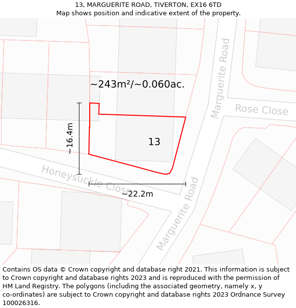 13, MARGUERITE ROAD, TIVERTON, EX16 6TD: Plot and title map