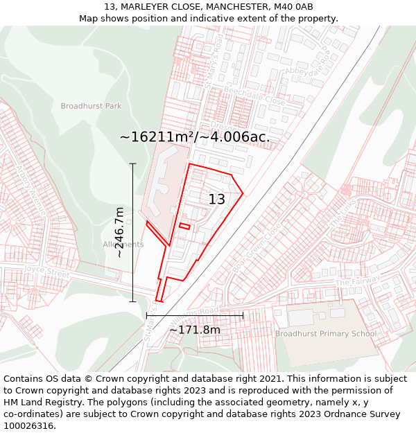 13, MARLEYER CLOSE, MANCHESTER, M40 0AB: Plot and title map