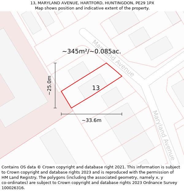 13, MARYLAND AVENUE, HARTFORD, HUNTINGDON, PE29 1PX: Plot and title map