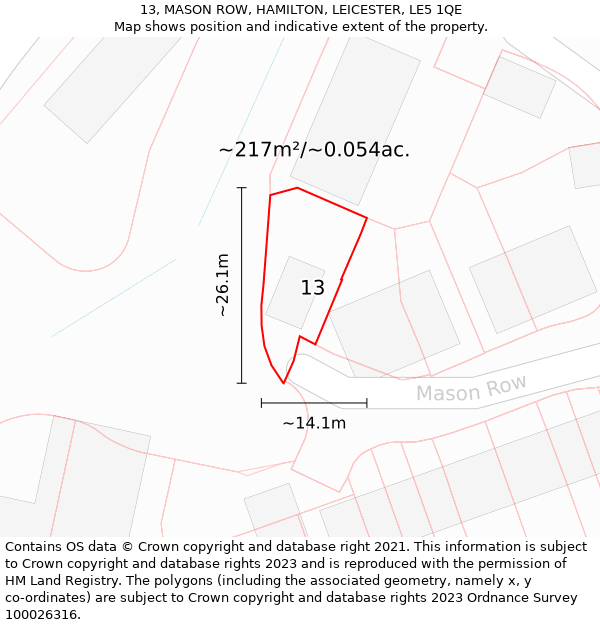 13, MASON ROW, HAMILTON, LEICESTER, LE5 1QE: Plot and title map