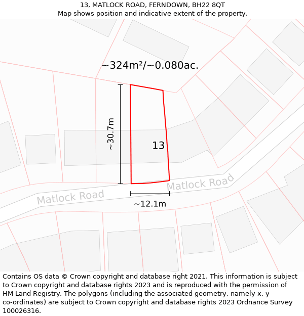 13, MATLOCK ROAD, FERNDOWN, BH22 8QT: Plot and title map