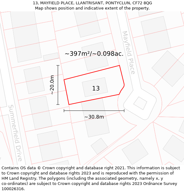 13, MAYFIELD PLACE, LLANTRISANT, PONTYCLUN, CF72 8QG: Plot and title map