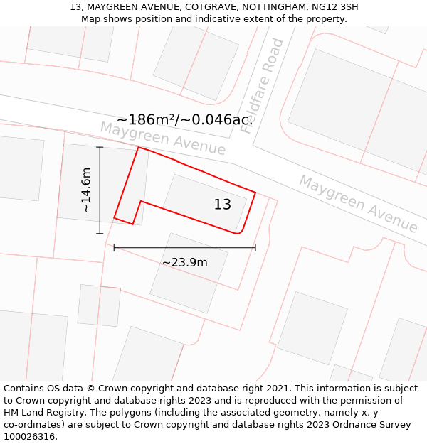 13, MAYGREEN AVENUE, COTGRAVE, NOTTINGHAM, NG12 3SH: Plot and title map