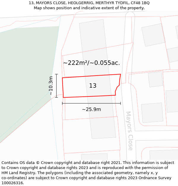 13, MAYORS CLOSE, HEOLGERRIG, MERTHYR TYDFIL, CF48 1BQ: Plot and title map