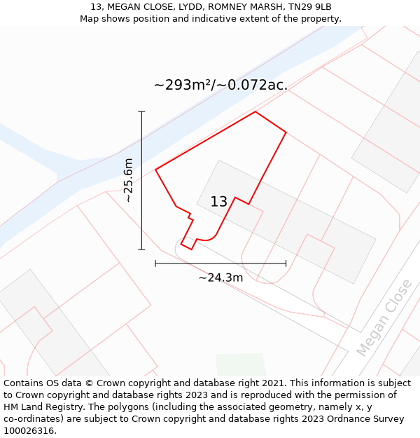 13, MEGAN CLOSE, LYDD, ROMNEY MARSH, TN29 9LB: Plot and title map