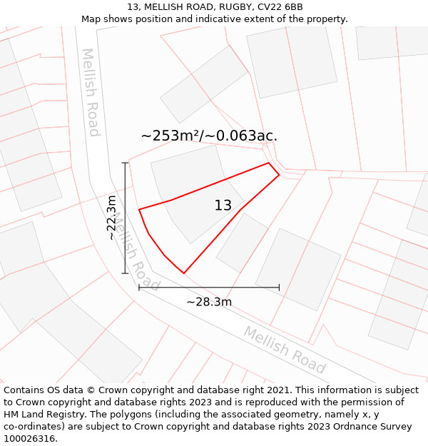 13, MELLISH ROAD, RUGBY, CV22 6BB: Plot and title map