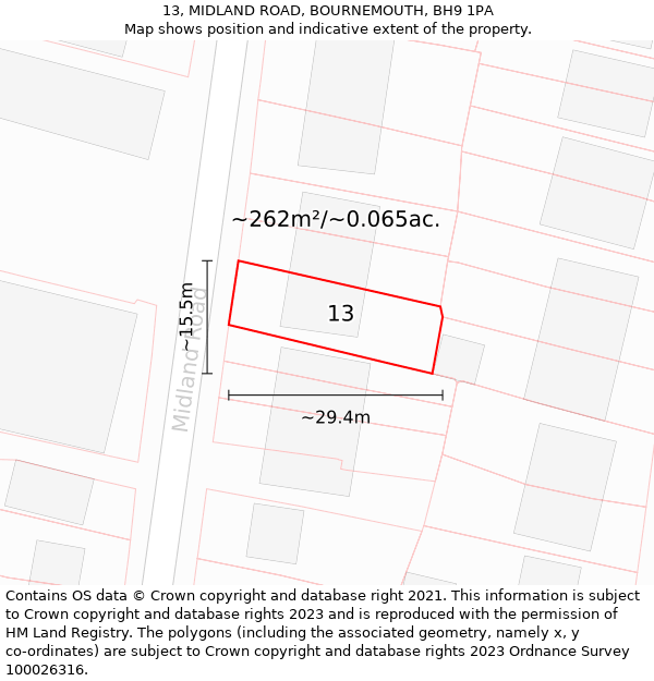 13, MIDLAND ROAD, BOURNEMOUTH, BH9 1PA: Plot and title map