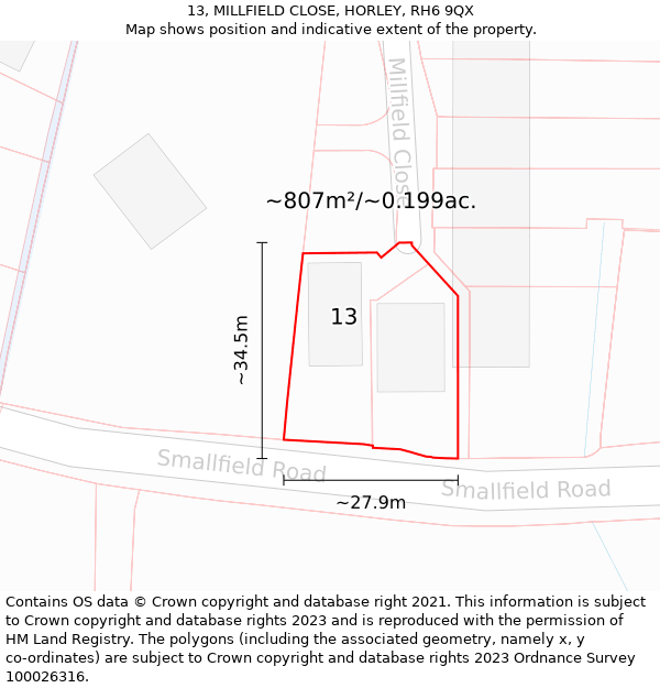 13, MILLFIELD CLOSE, HORLEY, RH6 9QX: Plot and title map