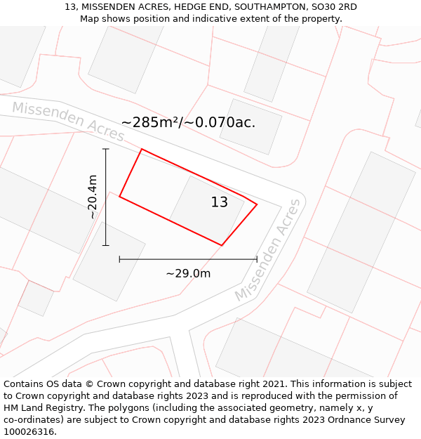 13, MISSENDEN ACRES, HEDGE END, SOUTHAMPTON, SO30 2RD: Plot and title map