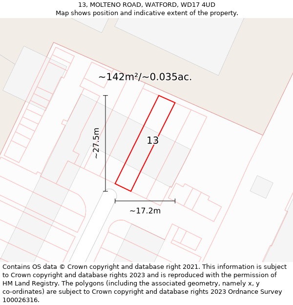 13, MOLTENO ROAD, WATFORD, WD17 4UD: Plot and title map