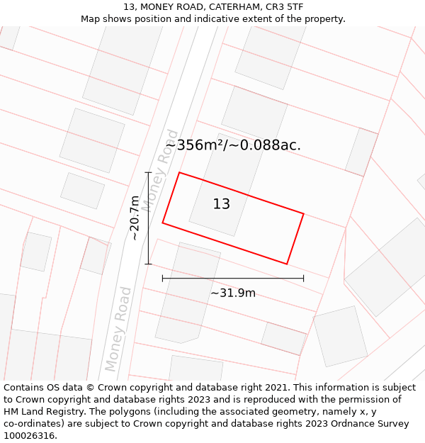 13, MONEY ROAD, CATERHAM, CR3 5TF: Plot and title map