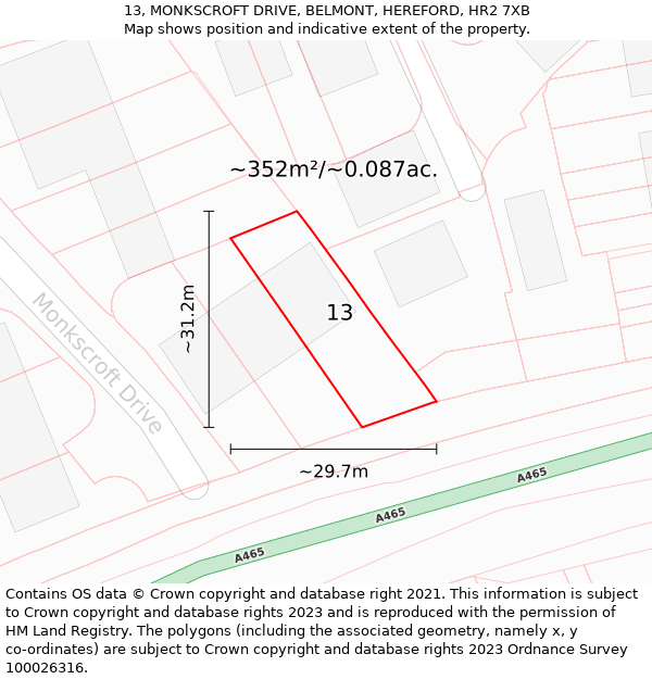 13, MONKSCROFT DRIVE, BELMONT, HEREFORD, HR2 7XB: Plot and title map