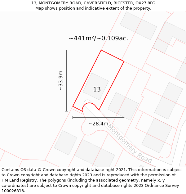 13, MONTGOMERY ROAD, CAVERSFIELD, BICESTER, OX27 8FG: Plot and title map
