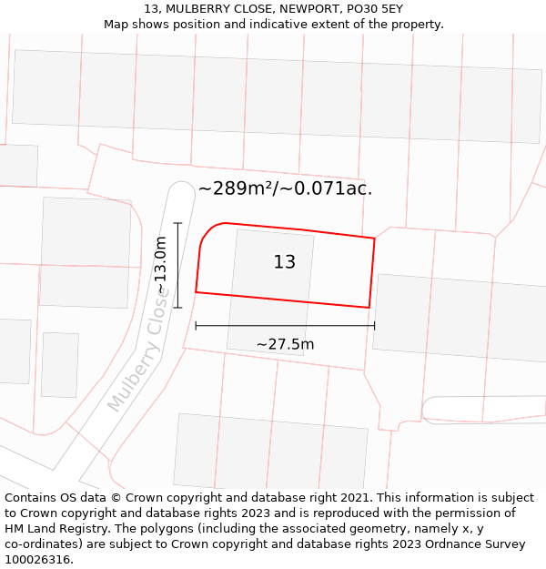 13, MULBERRY CLOSE, NEWPORT, PO30 5EY: Plot and title map