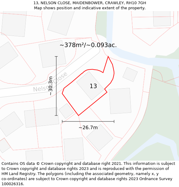 13, NELSON CLOSE, MAIDENBOWER, CRAWLEY, RH10 7GH: Plot and title map