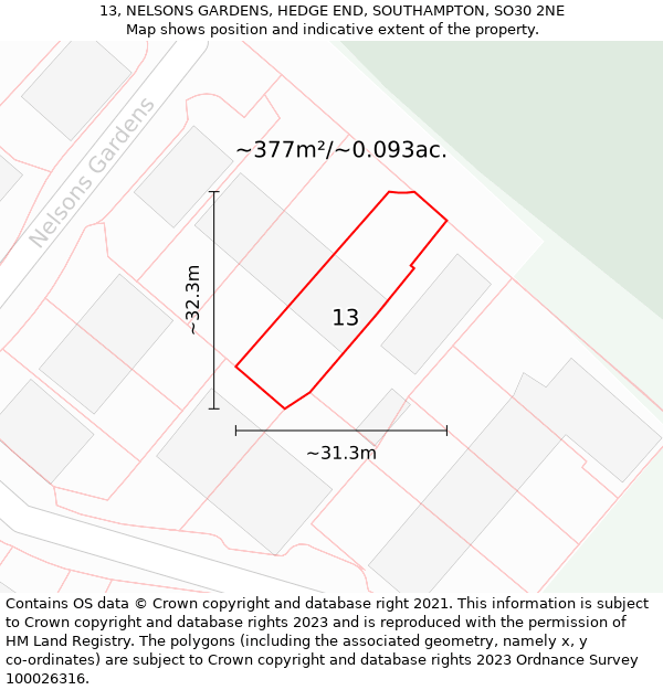 13, NELSONS GARDENS, HEDGE END, SOUTHAMPTON, SO30 2NE: Plot and title map