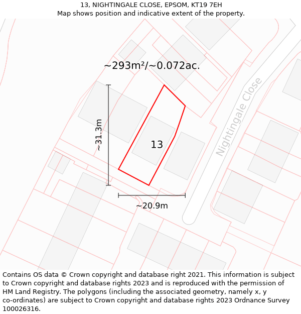 13, NIGHTINGALE CLOSE, EPSOM, KT19 7EH: Plot and title map