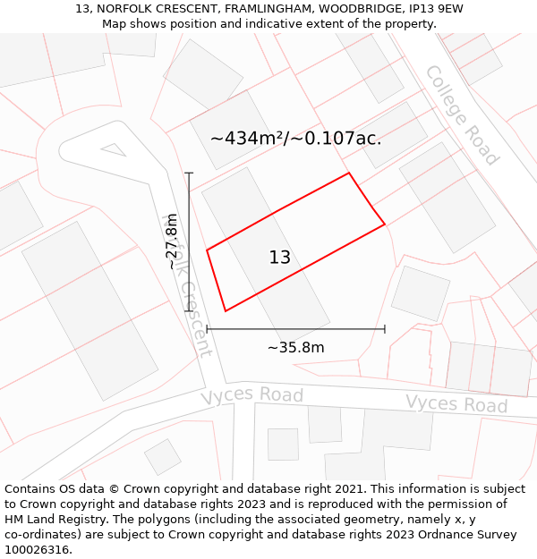 13, NORFOLK CRESCENT, FRAMLINGHAM, WOODBRIDGE, IP13 9EW: Plot and title map