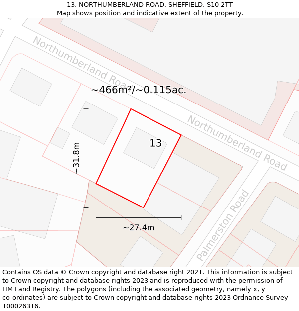 13, NORTHUMBERLAND ROAD, SHEFFIELD, S10 2TT: Plot and title map