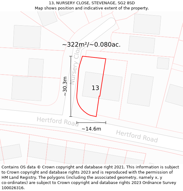 13, NURSERY CLOSE, STEVENAGE, SG2 8SD: Plot and title map