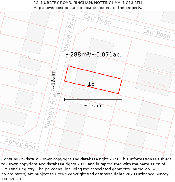 13, NURSERY ROAD, BINGHAM, NOTTINGHAM, NG13 8EH: Plot and title map