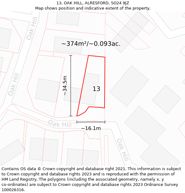 13, OAK HILL, ALRESFORD, SO24 9JZ: Plot and title map