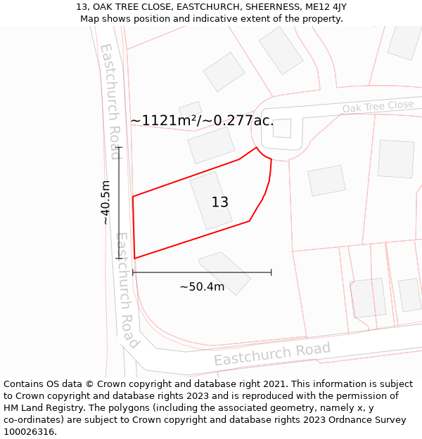 13, OAK TREE CLOSE, EASTCHURCH, SHEERNESS, ME12 4JY: Plot and title map