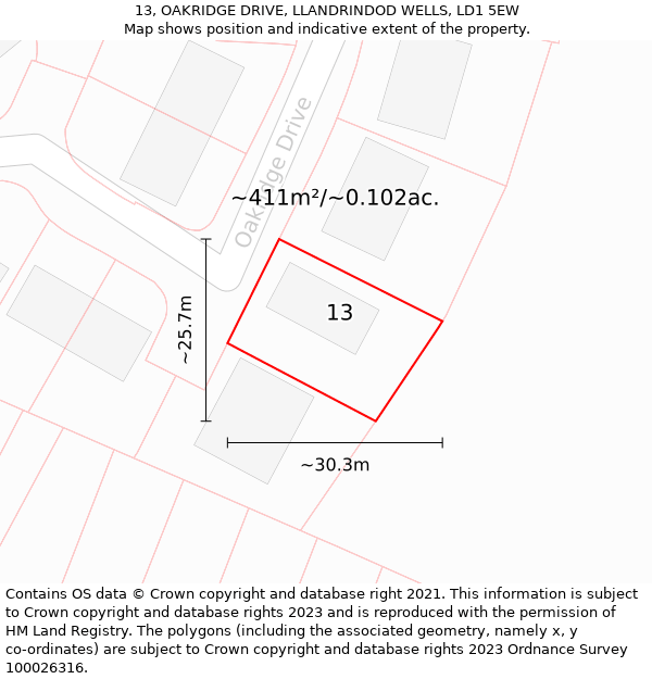 13, OAKRIDGE DRIVE, LLANDRINDOD WELLS, LD1 5EW: Plot and title map