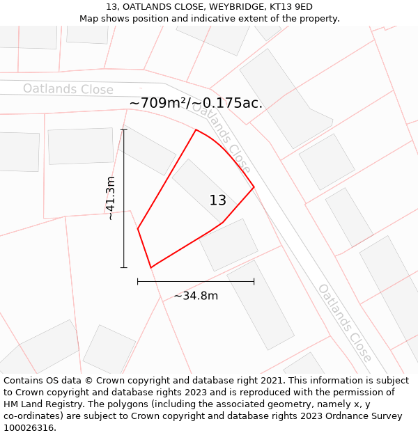 13, OATLANDS CLOSE, WEYBRIDGE, KT13 9ED: Plot and title map