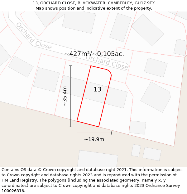 13, ORCHARD CLOSE, BLACKWATER, CAMBERLEY, GU17 9EX: Plot and title map