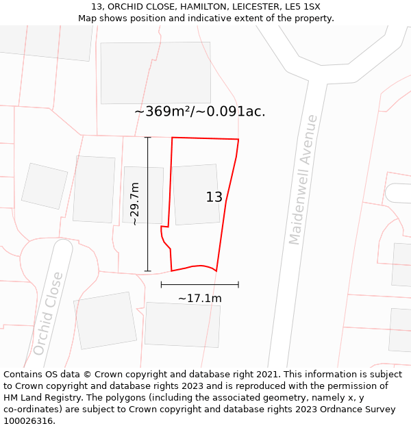 13, ORCHID CLOSE, HAMILTON, LEICESTER, LE5 1SX: Plot and title map