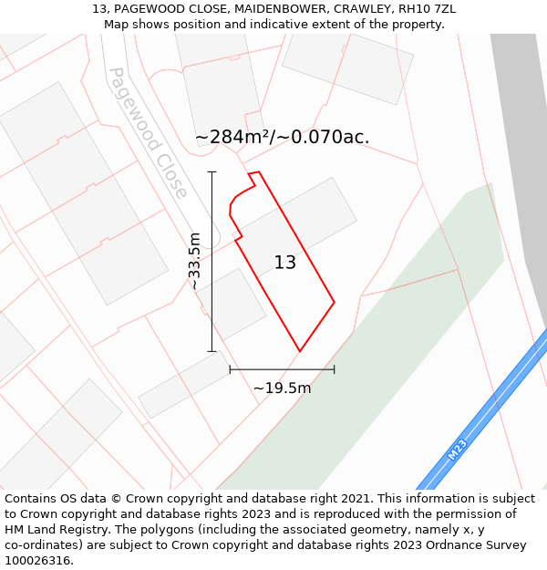 13, PAGEWOOD CLOSE, MAIDENBOWER, CRAWLEY, RH10 7ZL: Plot and title map