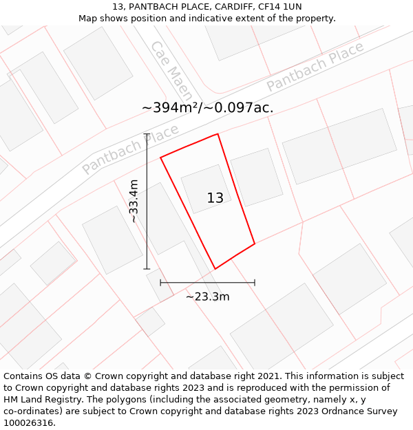 13, PANTBACH PLACE, CARDIFF, CF14 1UN: Plot and title map