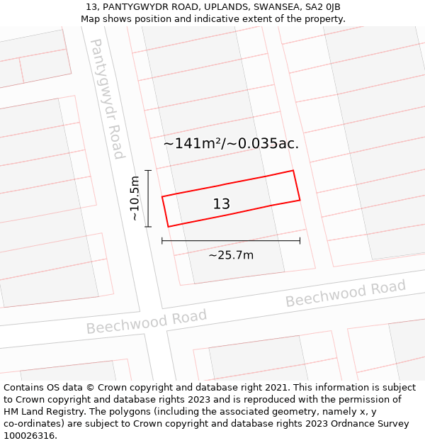 13, PANTYGWYDR ROAD, UPLANDS, SWANSEA, SA2 0JB: Plot and title map