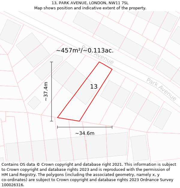 13, PARK AVENUE, LONDON, NW11 7SL: Plot and title map