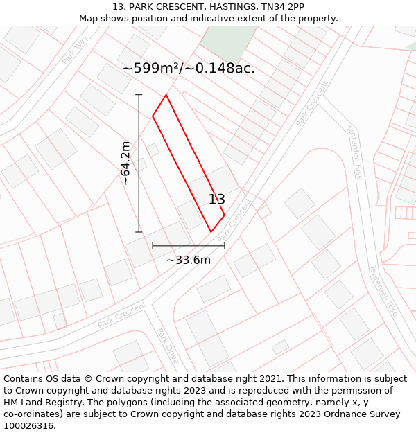 13, PARK CRESCENT, HASTINGS, TN34 2PP: Plot and title map