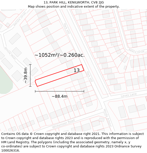 13, PARK HILL, KENILWORTH, CV8 2JG: Plot and title map