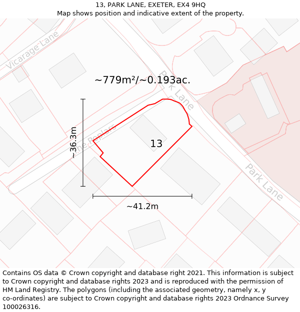 13, PARK LANE, EXETER, EX4 9HQ: Plot and title map