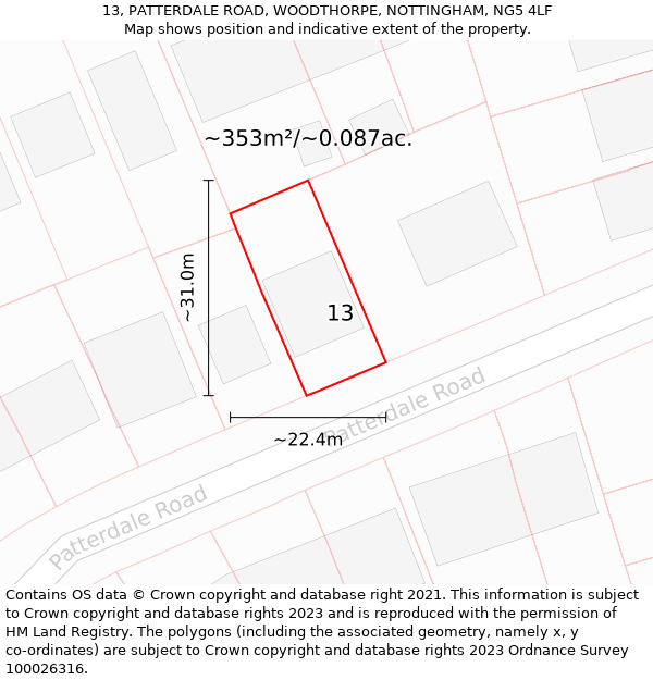 13, PATTERDALE ROAD, WOODTHORPE, NOTTINGHAM, NG5 4LF: Plot and title map