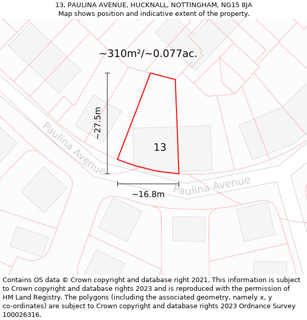 13, PAULINA AVENUE, HUCKNALL, NOTTINGHAM, NG15 8JA: Plot and title map